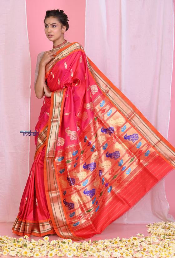 Pehal~Traditional Peach Pink Pure Silk Paithani with Orange Border & Traditional 30 Peacock Pallu (By Govt Certified Weavers)