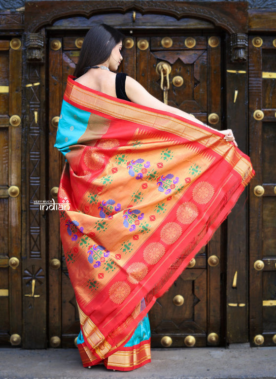 BestSeller Rajsi ~ Authentic Handloom Pure Silk Maharani Paithani - Turquoise Blue (peacock buttis)