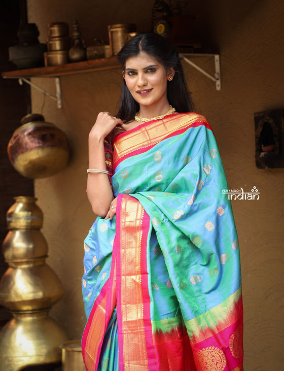 Authentic Handloom Pure Silk Maharani Paithani - Dual Tone Light Blue with Bright Pink Border, Buttis all over the saree