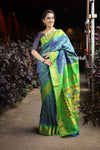 Utsaav ~ Authentic Handloom Pure Silk Maharani Paithani - Beautiful Dual Tone Blue with Fresh Green Border and Pallu