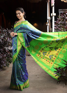  Utsaav ~ Authentic Handloom Pure Silk Maharani Paithani - Beautiful Dual Tone Blue with Fresh Green Border and Pallu