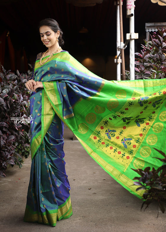 Utsaav ~ Authentic Handloom Pure Silk Maharani Paithani - Beautiful Dual Tone Blue with Fresh Green Border and Pallu