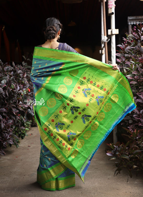 Utsaav ~ Authentic Handloom Pure Silk Maharani Paithani - Beautiful Dual Tone Blue with Fresh Green Border and Pallu