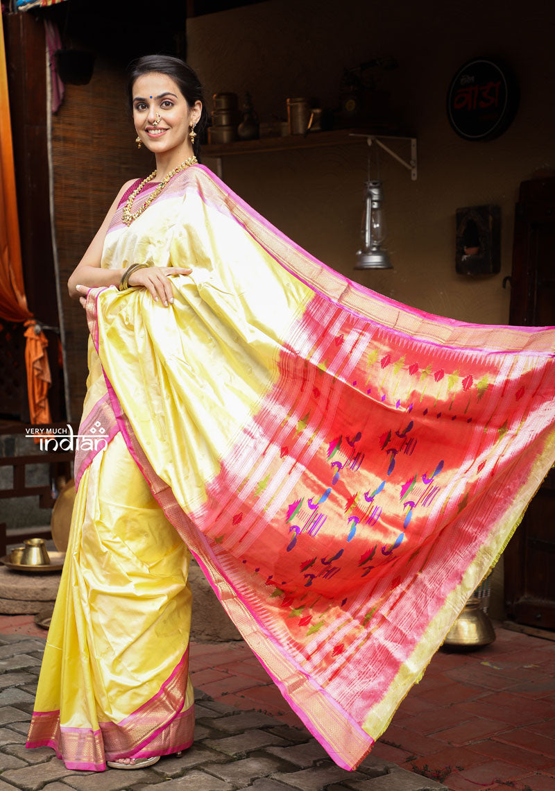 Shop Yellow Paithani Sari Online in USA with Single Muniya Zari Border –  Pure Elegance