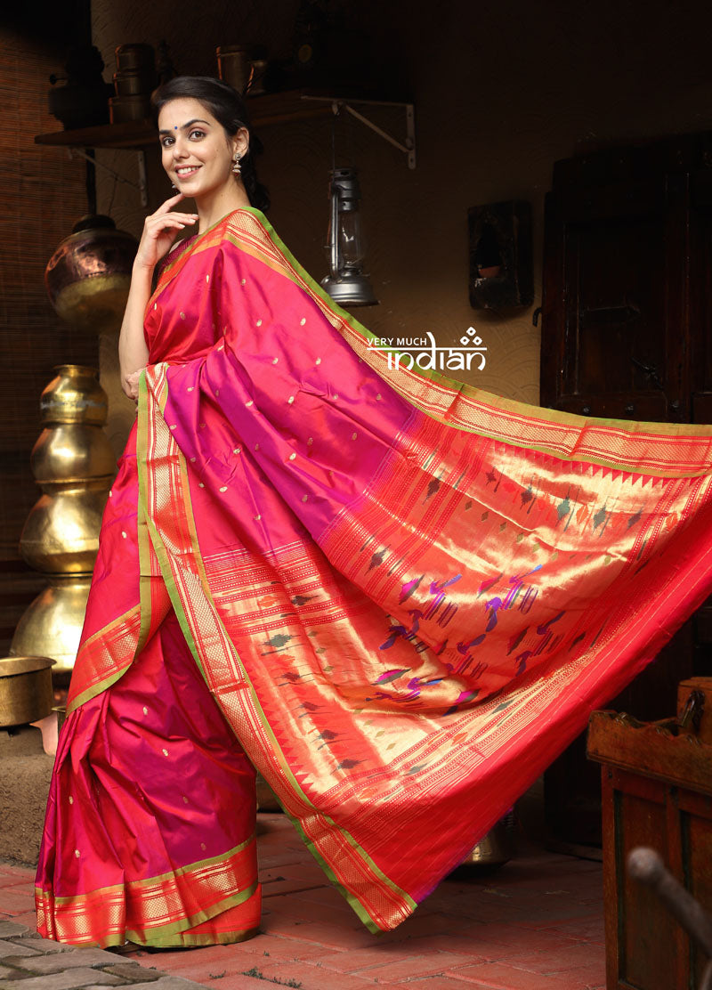  Elegant  Traditional Handloom Pure Silk Paithani Beautiful Peach Pink with Fresh Green Border