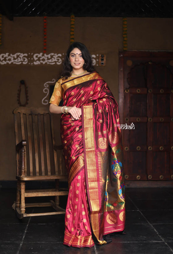 Utsaav ~ Pure Silk Handloom - Maharani Paithani in Magestic Dark Wine with Golden Border