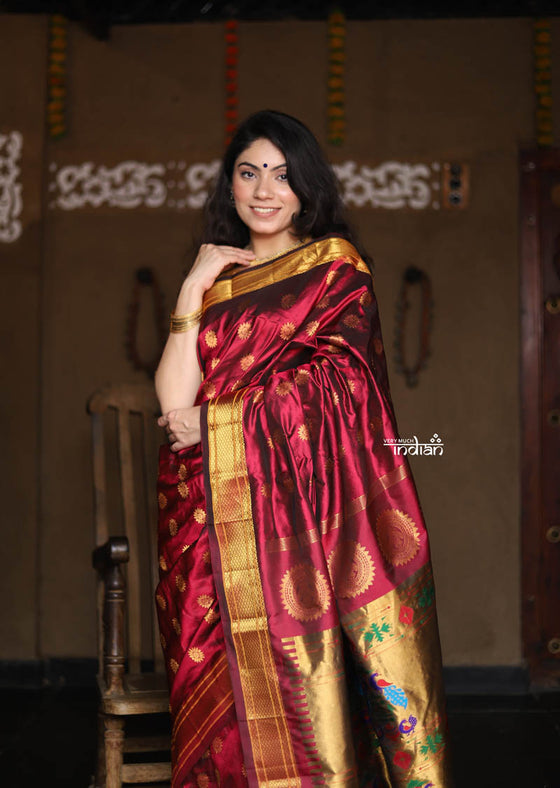 Utsaav ~ Pure Silk Handloom - Maharani Paithani in Magestic Dark Wine with Golden Border