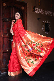  The Exclusive ~ Muniya Border Paithani in Bright Red and Gold Border and Grand Pallu, High Quality Weaving