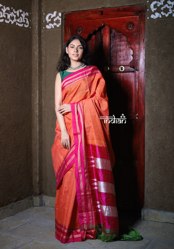 Handloom Cotton Silk Ilkal Saree with Pure Resham Pallu - Coral with Rose Pink Border