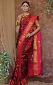  Pure Silk Handloom Maharani Paithani -Maroon Saree With Pink Border And Chakra Buttis