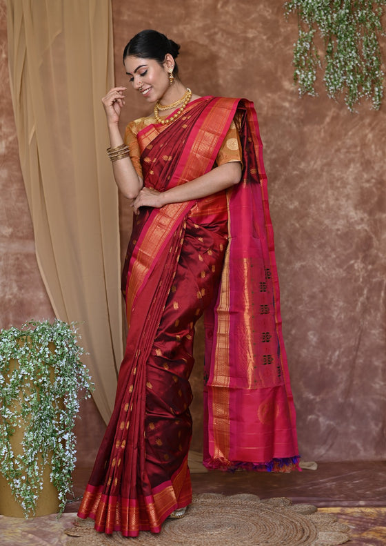 Pure Silk Handloom Maharani Paithani -Maroon Saree With Pink Border And Chakra Buttis