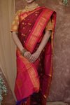 Pure Silk Handloom Maharani Paithani -Maroon Saree With Pink Border And Chakra Buttis