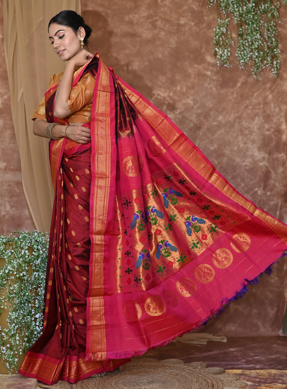 Pure Silk Handloom Maharani Paithani -Maroon Saree With Pink Border And Chakra Buttis