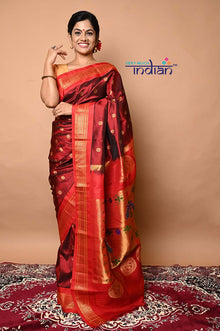  Pure Silk Handloom Maharani Paithani - Brown with Red Border and Floral buttis