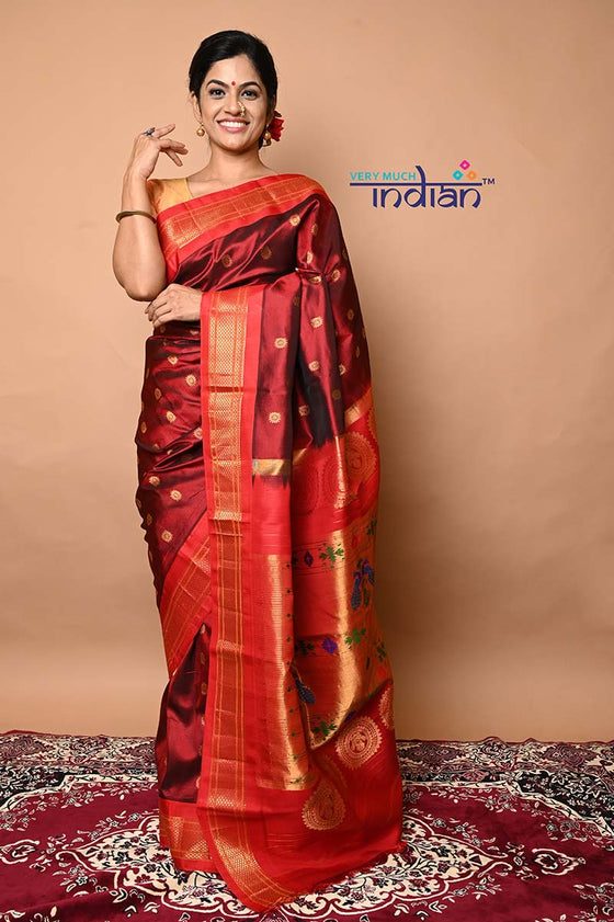 Pure Silk Handloom Maharani Paithani - Brown with Red Border and Floral buttis