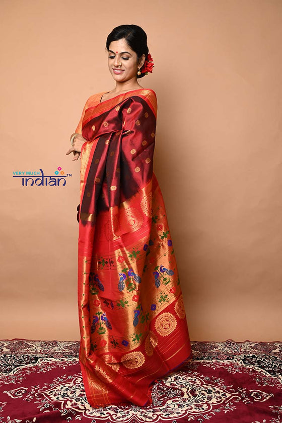 Pure Silk Handloom Maharani Paithani - Brown with Red Border and Floral buttis