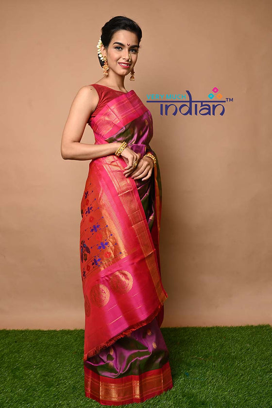 Pure Silk Handloom Maharani Paithani - Dual Tone Pink Saree with Gold and Pink Border