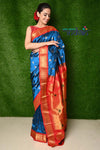 Pure Silk Handloom Maharani Paithani - Handloom Cobalt blue Paithani with Bright Red Border and Traditional Maharani Pallu