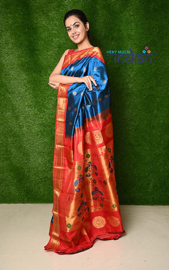 Pure Silk Handloom Maharani Paithani - Handloom Cobalt blue Paithani with Bright Red Border and Traditional Maharani Pallu