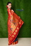 Pure Silk Handloom Maharani Paithani - Handloom Cobalt blue Paithani with Bright Red Border and Traditional Maharani Pallu