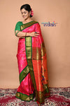 Pure Silk Handloom Maharani Paithani - Mor Butti with Meena work - Traditional Pink with Green