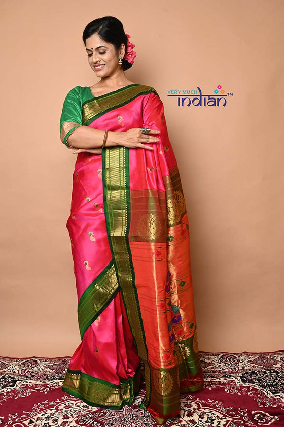 Pure Silk Handloom Maharani Paithani - Mor Butti with Meena work - Traditional Pink with Green