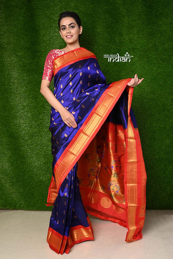 Buy  Pure Silk Handloom Maharani Paithani - Royal Blue with Red Border