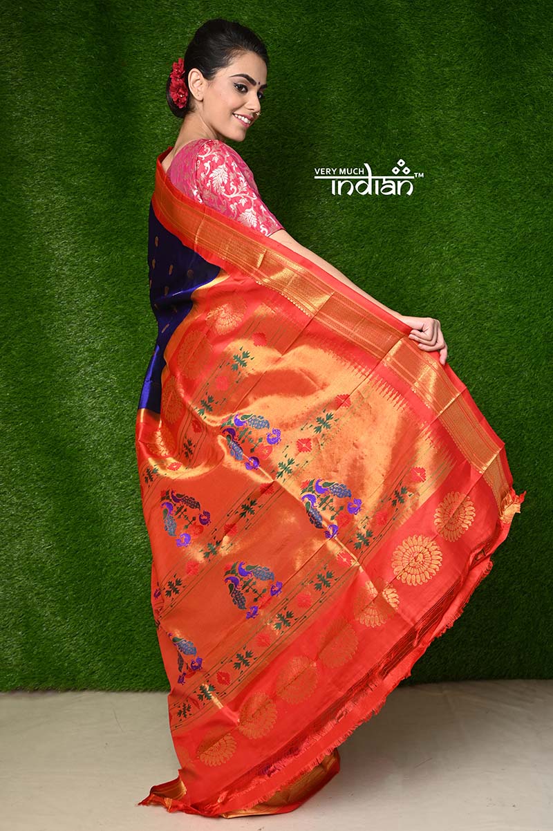 Navy Blue Paithani Silk Saree - Urban Womania