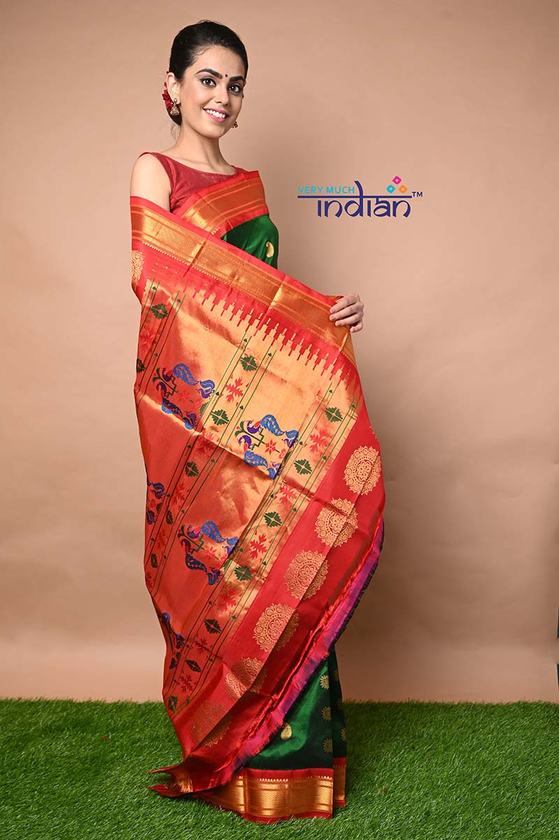 Buy Pure Silk Handloom Maharani Paithani - Deep Green Saree with Red  Border(Available in Peacock Buttis) - Very Much Indian – verymuchindian.com