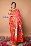 Pure Silk Handloom Yeola Paithani with 30 Peacocks Pallu - Peach Pink with Orange Broad Border