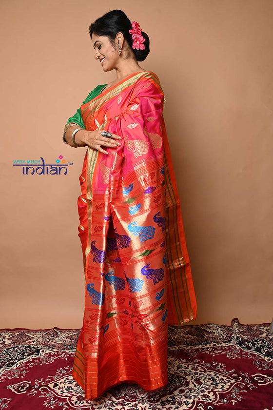 Pure Silk Handloom Yeola Paithani with 30 Peacocks Pallu - Peach Pink with Orange Broad Border