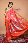 Pure Silk Handloom Yeola Paithani with 30 Peacocks Pallu - Peach Pink with Orange Broad Border