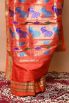 Pure Silk Handloom Yeola Paithani with 30 Peacocks Pallu - Peach Pink with Orange Broad Border