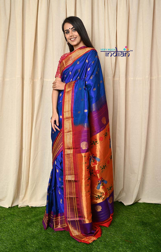 Traditional Handloom Maharani Paithani - Ink Blue with Purple Border and Royal Pallu