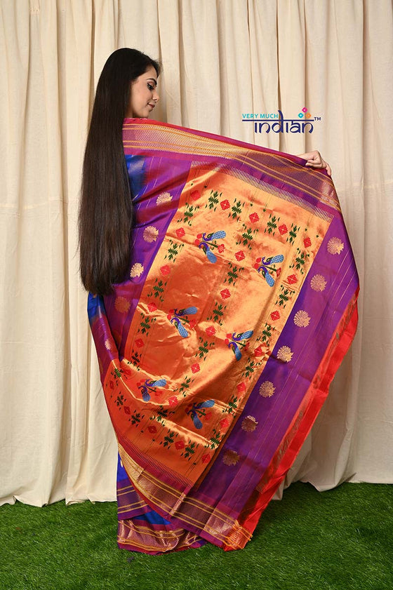 Traditional Handloom Maharani Paithani - Ink Blue with Purple Border and Royal Pallu