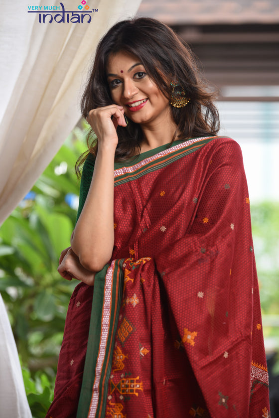 Authentic Khun – Cotton Resham Handwoven Saree (Red Weave with Kashida work) - Very Much Indian