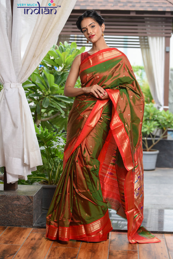 Buy Paithani Sarees Online - Pure Silk Yeola Handloom Green & Red Dual Tone Paithani saree with Double Pallu - Very Much Indian