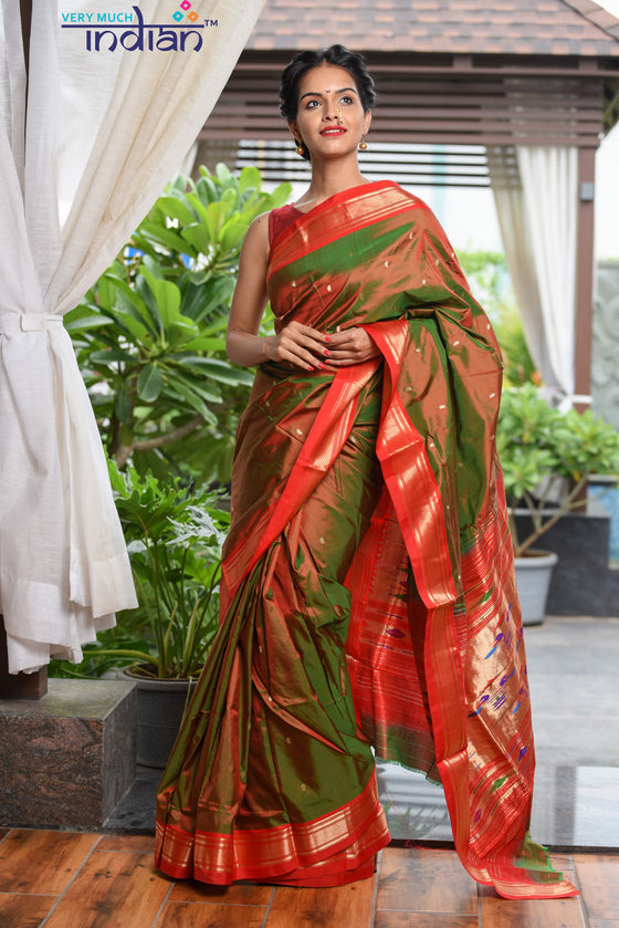 Buy Paithani Sarees Online - Pure Silk Yeola Handloom Green & Red Dual Tone Paithani saree with Double Pallu - Very Much Indian