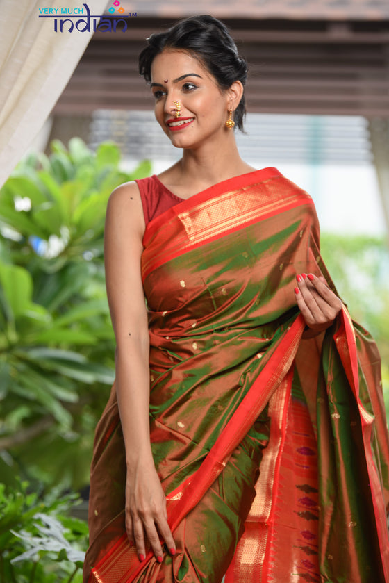 Buy Paithani Sarees Online - Pure Silk Yeola Handloom Green & Red Dual Tone Paithani saree with Double Pallu - Very Much Indian