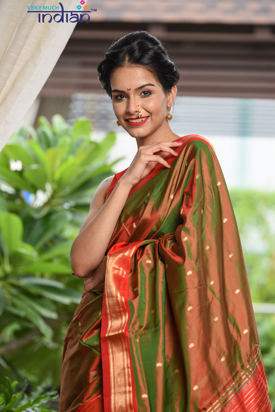 Buy Paithani Sarees Online - Pure Silk Yeola Handloom Green & Red Dual Tone Paithani saree with Double Pallu - Very Much Indian