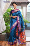 Pure Silk Yeola Handloom Blue Paithani Weave with Golden Border and 30 Peacocks Pallu