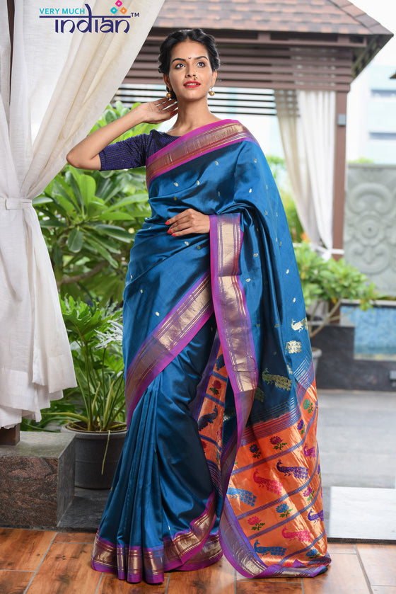 Pure Silk Yeola Handloom Blue Paithani Weave with Golden Border and 30 Peacocks Pallu