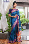 Pure Silk Yeola Handloom Blue Paithani Weave with Golden Border and 30 Peacocks Pallu