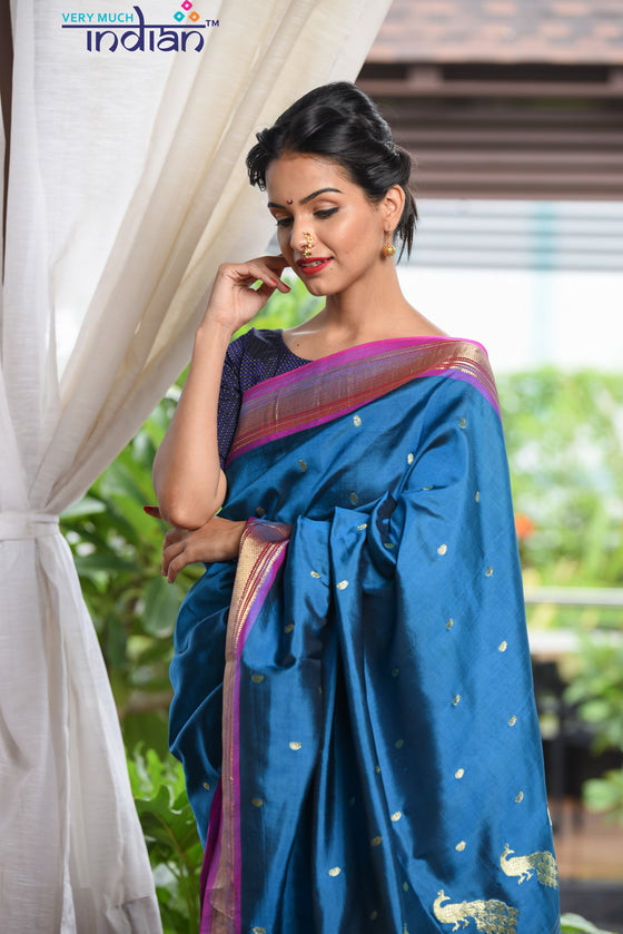 Pure Silk Yeola Handloom Blue Paithani Weave with Golden Border and 30 Peacocks Pallu